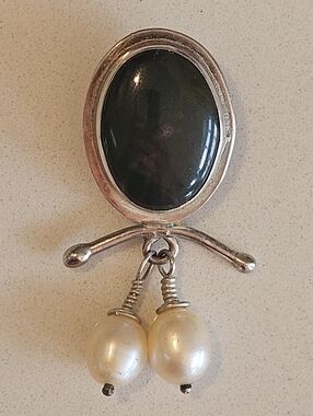 Vintage Sterling Silver Pearl Dark Green Agate Stone Modernist Silde Pendant
